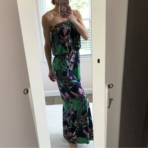 Beach Break Strapless Wide Leg Jumpsuit Navy Tropical Floral Large Resort Beach